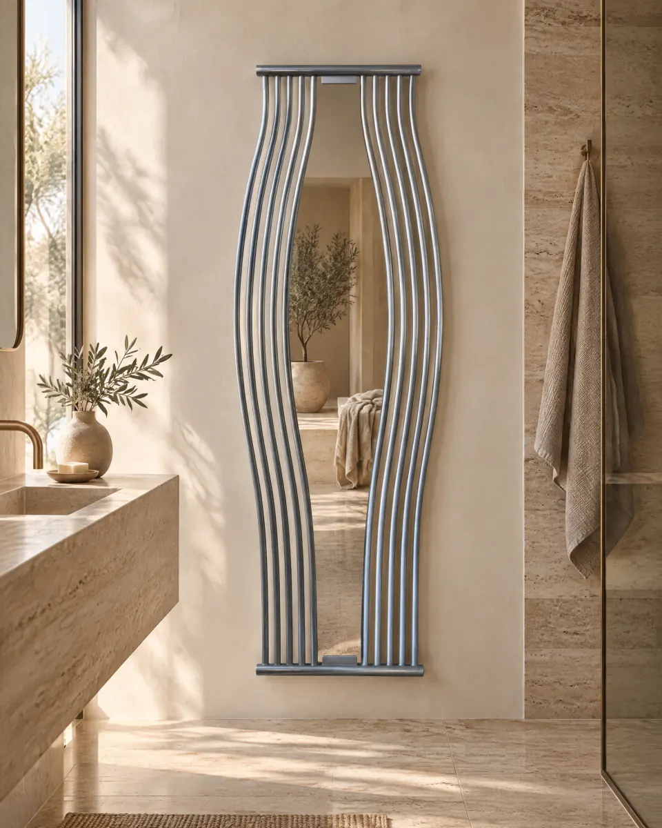 Lampedusa Mirror con specchio in un bagno in travertino